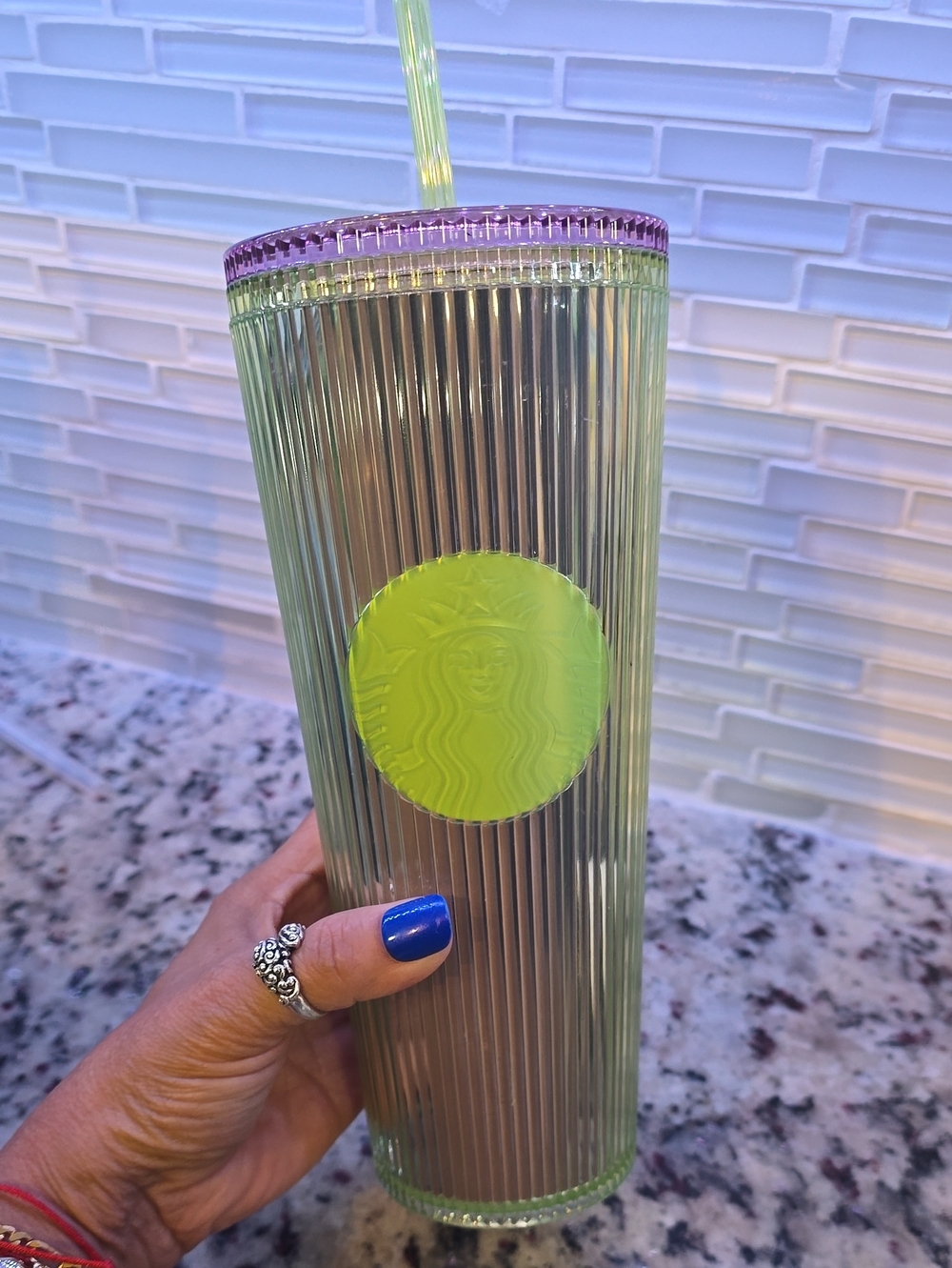 Starbucks 2025 Neon Transparent Translucent Green Ribbed Tumbler with Purple Lid